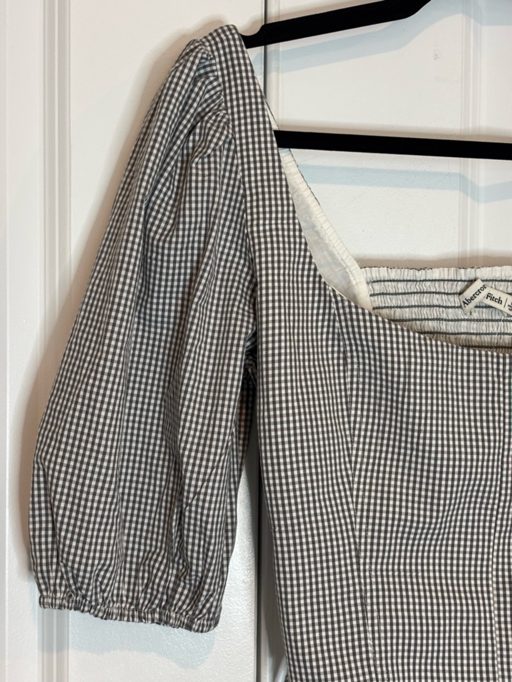 NWT Abercrombie & Fitch Gray White Gingham Puff Sleeve Lace Up Corset Crop Top M - Picture 3 of 8